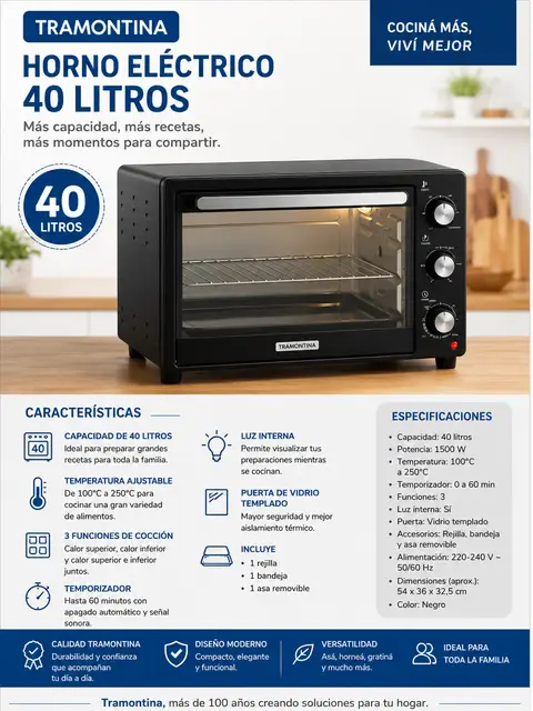 HORNO ELECTRICO TRAMONTINA 40 LTS